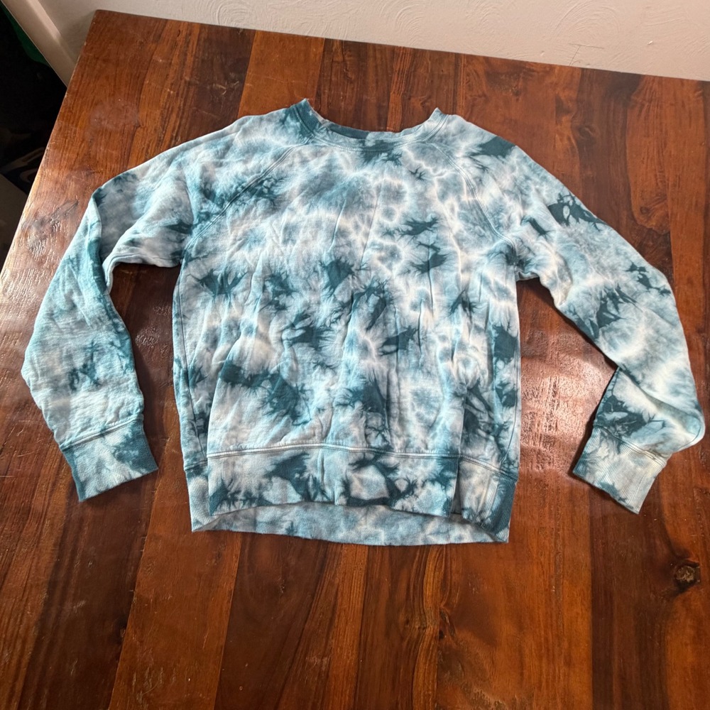 Athleta Womens XS Blue White Tie Dye Raglan Crewneck Sweatshirt Cotton Blend